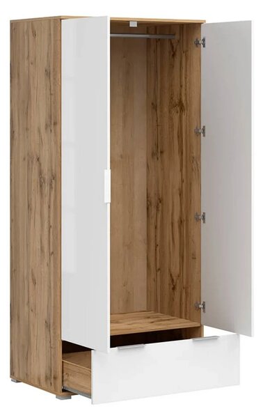 Set dormitor ZELE 2, stejar wotan/alb, pat 160x200, dulap 2 usi si un