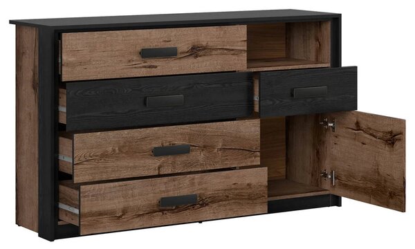 Set dormitor KASSEL, stejar/negru, pat 160x200 cu noptiere, dulap cu 2