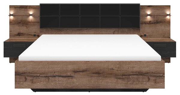 Set dormitor KASSEL, stejar/negru, pat 160x200 cu noptiere, dulap cu 2