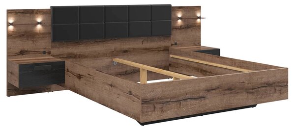 Set dormitor KASSEL, stejar/negru, pat 160x200 cu noptiere, dulap cu 2