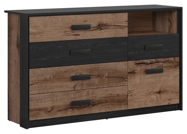 Set dormitor KASSEL, stejar/negru, pat 160x200 cu noptiere, dulap cu 2