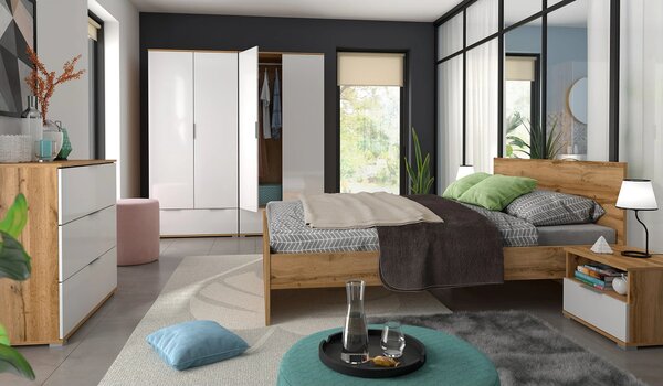 Set dormitor ZELE 3, stejar wotan/alb, pat 160x200, 2 dulapuri, 2 nopt