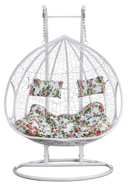 KONDELA Fotoliu dublu suspendat, alb/model floral, DELIA