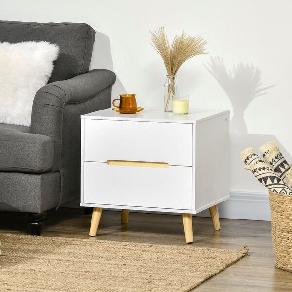 HOMCOM Noptieră Modernă cu 2 Sertare Masă Laterală Picioare Lemn Masiv pentru Dormitor sau Living 50x40x50.5cm | Aosom Romania