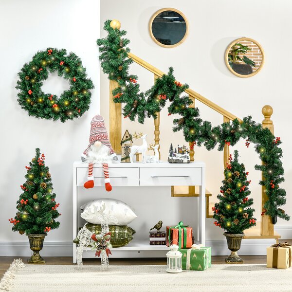 HOMCOM Set de decoratiuni pentru Craciun set 4 piese, coroana de ghirlande si set de 2 copaci cu lumini LED | AOSOM RO