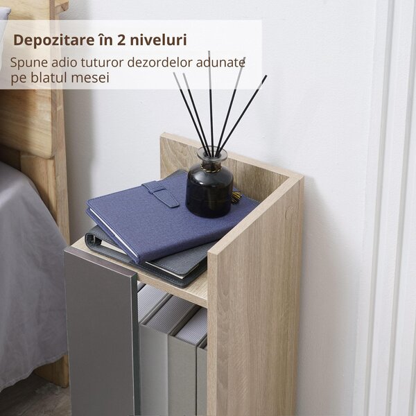 HOMCOM Set de 2 Noptiere Moderne cu Poliță Deschisă, Măsuță de Cafea, Spațiu de Depozitare, Gri, 27x25x60cm | Aosom Romania