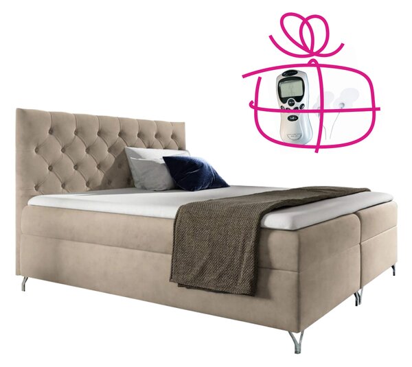 KONDELA Pat cu boxspring, 200x200, ţesătură bej catifea, GULIETTE + cadou