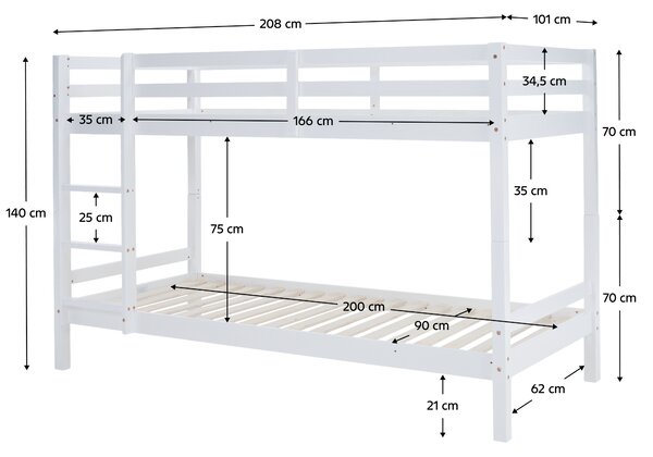KONDELA Pat supraetajat, 90x200, lemn masiv, alb, INEZA