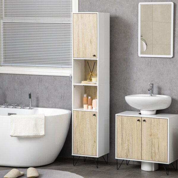 Kleankin Dulap Înalt Baie, 2 Rafturi Deschise, 2 Dulapuri, Design Modern, Natural/Alb | Aosom Romania