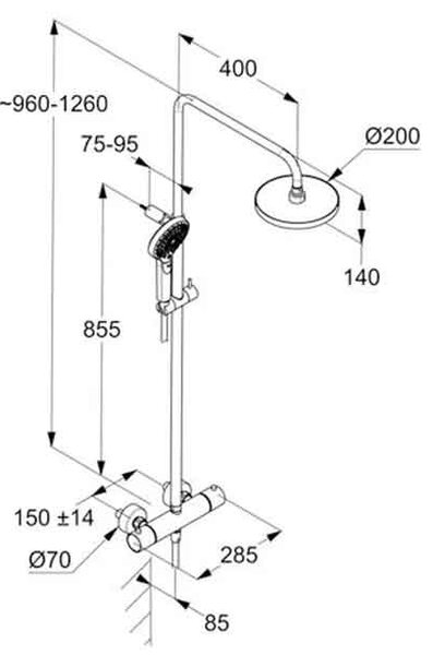 Coloană de duș cu termostat Kludi, Dive X, 3 jeturi, pălărie 20 cm, pară duș și furtun 160 cm, negru mat