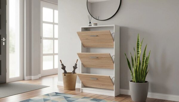 Pantofar NEPO PLUS, stejar sonoma/alb, PAL laminat, 70x18x121 cm