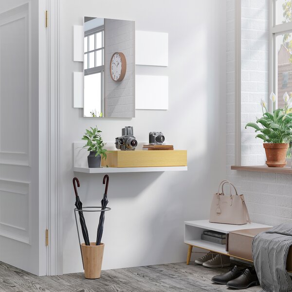 HOMCOM Set Mobilier pentru Hol cu Oglindă și Sertar, Design Modern din Lemn, Oglindă de Perete 40x70cm, Alb și Lemn Natural | Aosom Romania