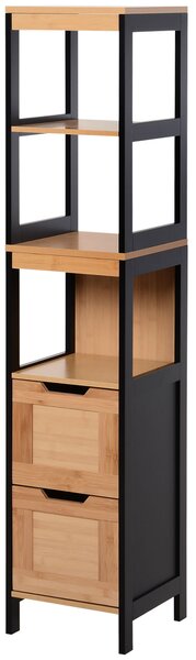 Kleankin Dulap Baie Multifuncțional 2 Sertare 3 Compartimente Lemn MDF Bambus 30x30x144.3cm Culoare Lemn | Aosom Romania