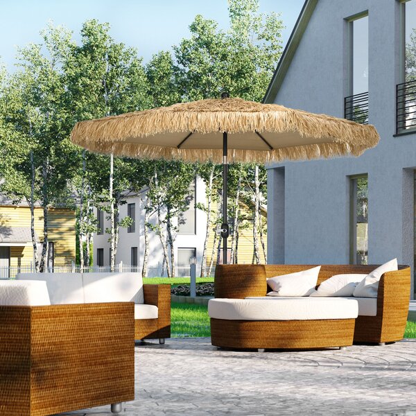 Outsunny Umbrelă de Grădină Stil Hawai cu Paie, Rotundă cu Manivelă, Ø265x250cm, Kaki | Aosom Romania