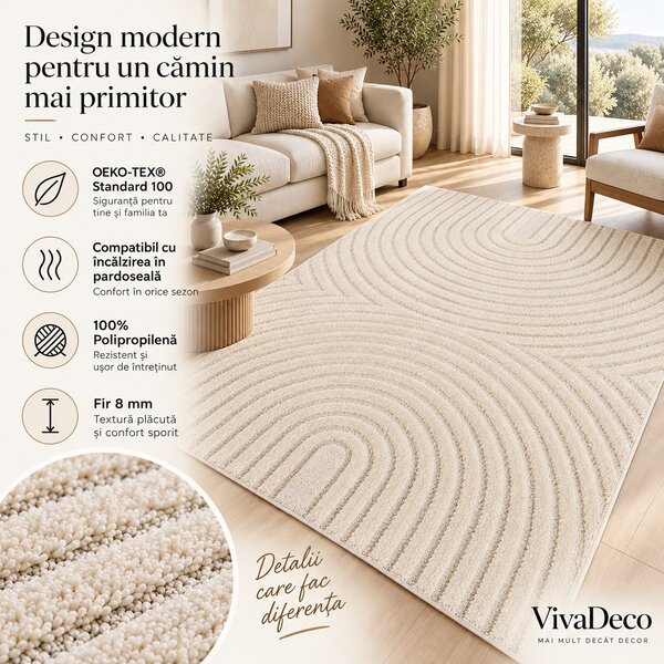 Covor VivaDeco Art V2, 120 x 170 cm, Crem, 100% Polipropilena, Fir 8 mm, 1900 g/mp, OEKO-TEX Standard 100