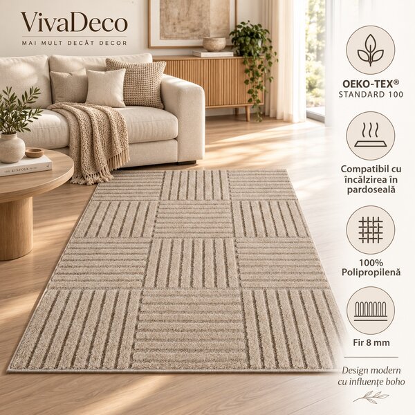 Covor VivaDeco Art V3, 120 x 170 cm, Bej, 100% Polipropilena, Fir 8 mm, 1900 g/mp, OEKO-TEX Standard 100