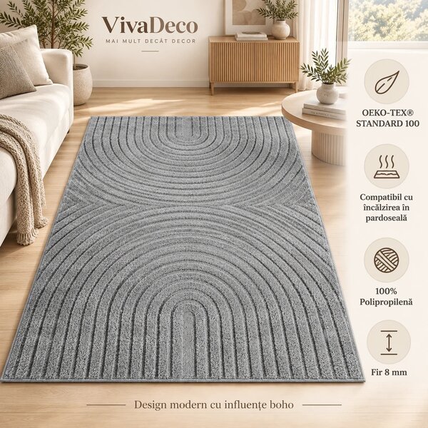 Covor tip Traversa VivaDeco Art V2, 80 x 150 cm, Silver, 100% Polipropilena, Fir 8 mm, 1900 g/mp, OEKO-TEX Standard 100