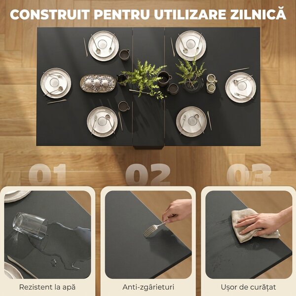 HOMCOM Masă Pliantă din Lemn cu Roți, pentru 4-6 Persoane, 75x140x75 cm, Negru | Aosom Romania