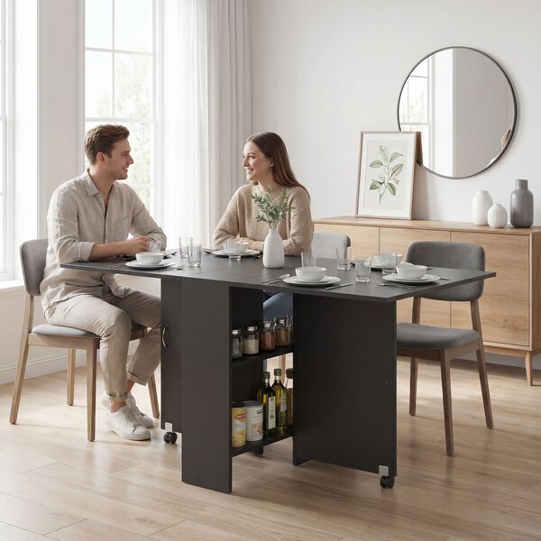 HOMCOM Masă Pliantă din Lemn cu Roți, pentru 4-6 Persoane, 75x140x75 cm, Negru | Aosom Romania
