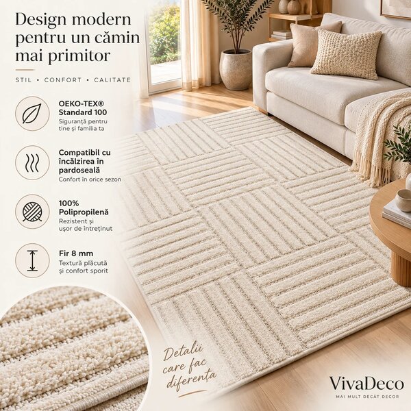 Covor tip Traversa VivaDeco Art V3, 80 x 150 cm, Crem, 100% Polipropilena, Fir 8 mm, 1900 g/mp, OEKO-TEX Standard 100