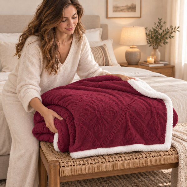 Pătură Cocolino cu blăniță Sherpa, model Romb Floral Embosat, Grena, 200 × 230 cm