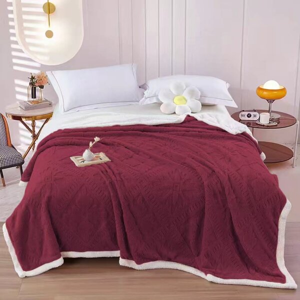 Pătură Cocolino cu blăniță Sherpa, model Romb Floral Embosat, Grena, 200 × 230 cm
