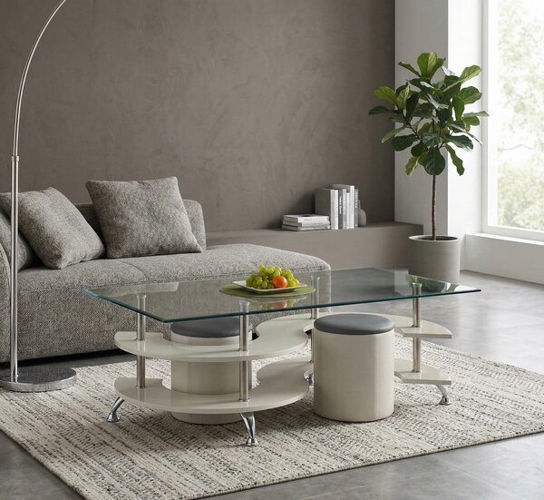 Set masa cafea cu tabureti NINA 5, transparent/crom, 130x70x42 cm
