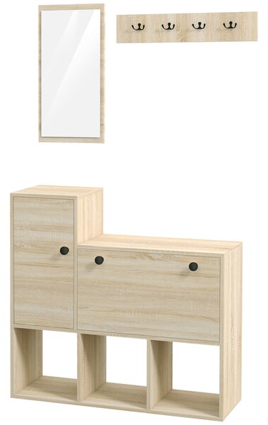 HOMCOM Mobilier pentru Hol cu Depozitare pentru 9 Perechi de Pantofi, Oglindă, Dulap, Rafturi și 4 Cârlige, 90x30x87 cm, Lemn Natural | Aosom Romania