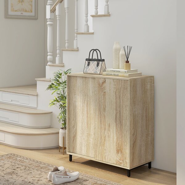 HOMCOM Dulap pentru Pantofi pe 4 Niveluri din PAL și Oțel cu Ușă Glisantă și Rafturi Reglabile, 80x40x93 cm, Lemn Natural | Aosom Romania