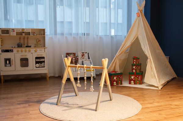 KONDELA Bară de tracţiune din lemn Montessori, natural/gri, STARES