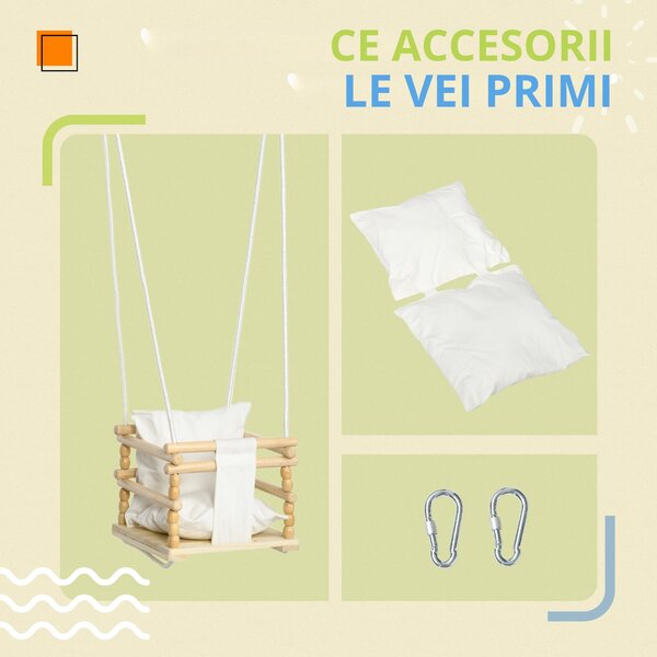 AIYAPLAY Leagăn pentru Copii din Lemn și Bumbac cu Frânghie Reglabilă, pentru Spații Interioare și Exterioare, 30x30x110-180 cm, Alb | Aosom Romania