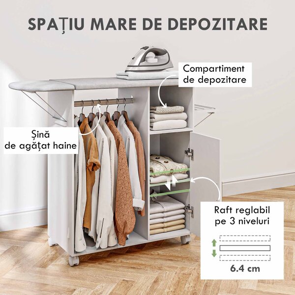 HOMCOM Dulap Multifuncțional cu Masă de Călcat | Blat din Tesatura Efect In | 3 Rafturi | Ghidaj pentru Agățat | 127x42.5x99 cm | Alb | Aosom Romania