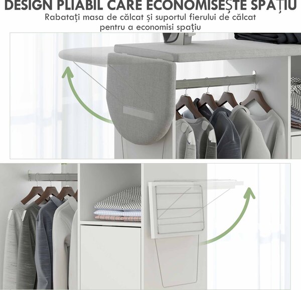 HOMCOM Dulap Multifuncțional cu Masă de Călcat | Blat din Tesatura Efect In | 3 Rafturi | Ghidaj pentru Agățat | 127x42.5x99 cm | Alb | Aosom Romania