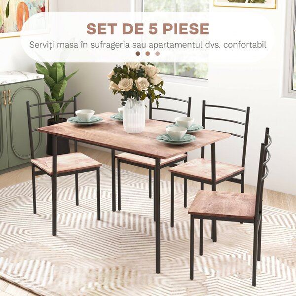 HOMCOM Set din 5 Piese cu Masă de Bucătărie Dreptunghiulară și 4 Scaune Moderne din MDF și Oțel, 110x70x75 cm , Maro | Aosom Romania