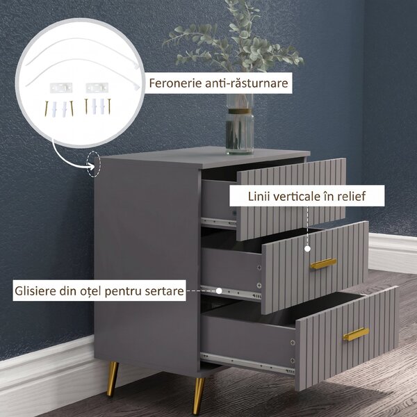 HOMCOM Comodă pentru Dormitor, Dulap Modern cu 3 Sertare, Sertar de Depozitare cu Picioare din Aluminiu, 60x40x71.5 cm, Gri Închis