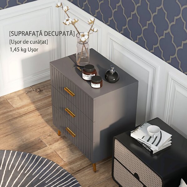 HOMCOM Comodă pentru Dormitor, Dulap Modern cu 3 Sertare, Sertar de Depozitare cu Picioare din Aluminiu, 60x40x71.5 cm, Gri Închis