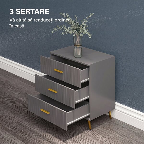 HOMCOM Comodă pentru Dormitor, Dulap Modern cu 3 Sertare, Sertar de Depozitare cu Picioare din Aluminiu, 60x40x71.5 cm, Gri Închis