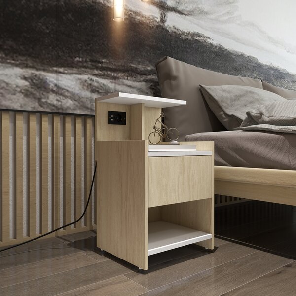 HOMCOM Noptieră Modernă cu Prize USB și Sertar, 40x40x60cm, Lemn Natural | Aosom Romania