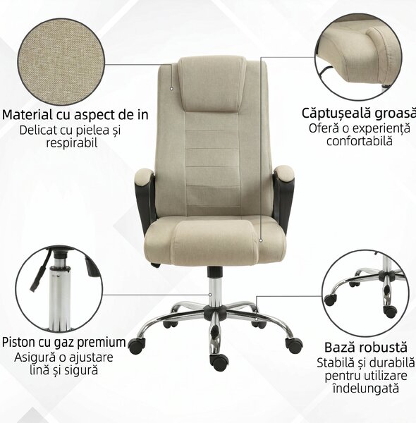 Vinsetto Scaun de Birou Ergonomic, Rotativ și Înclinabil, din Țesătură cu Aspect de In, cu Tetieră, Bej | Aosom Romania