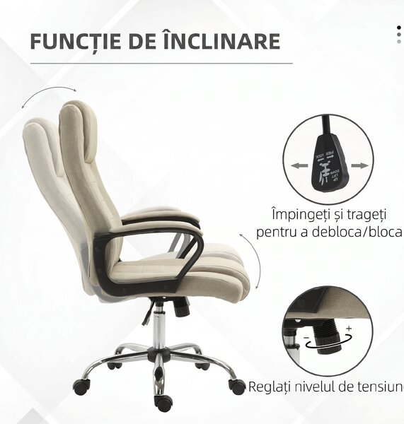 Vinsetto Scaun de Birou Ergonomic, Rotativ și Înclinabil, din Țesătură cu Aspect de In, cu Tetieră, Bej | Aosom Romania