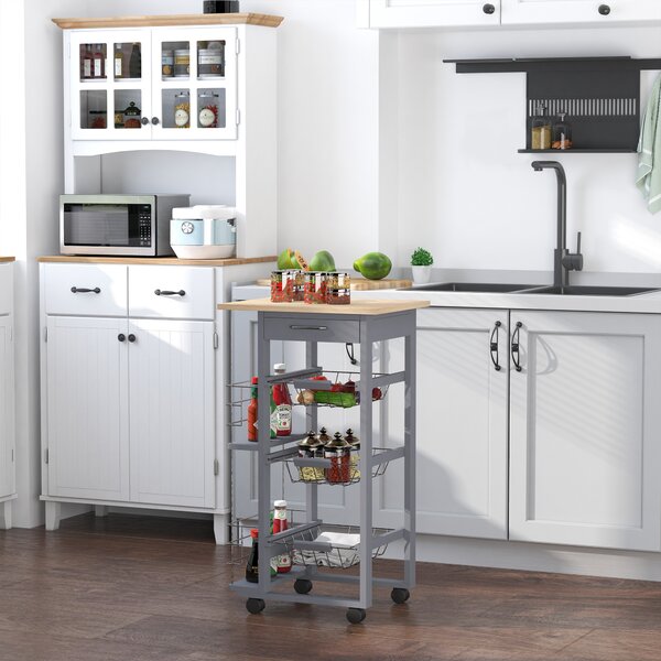 HOMCOM Carucior Bucatarie Multifunctional cu 3 Sertare Detasabile 2 Suporturi Sticle Lemn de Pin Metal 47x37x83cm Stejar Gri | Aosom Romania