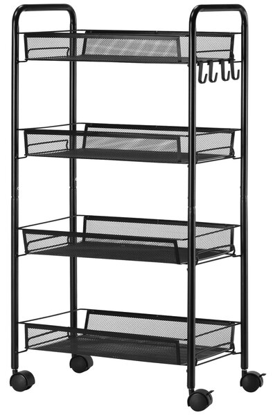 HOMCOM Cărucior Utilitar cu 4 Niveluri, Design Rulant cu Coșuri de Plasă și Cârlige, 45x26.5x84cm, Ideal pentru Bucătărie și Birou | Aosom Romania
