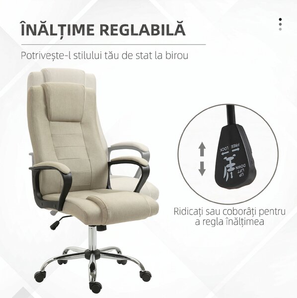 Vinsetto Scaun de Birou Ergonomic, Rotativ și Înclinabil, din Țesătură cu Aspect de In, cu Tetieră, Bej | Aosom Romania