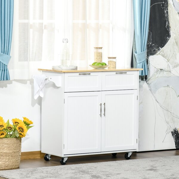 HOMCOM Cărucior Bucătărie Multifuncțional cu 2 Sertare, Dulap și 4 Roți, Spațiu Depozitare Generos, 104x46x91cm, Alb | Aosom Romania