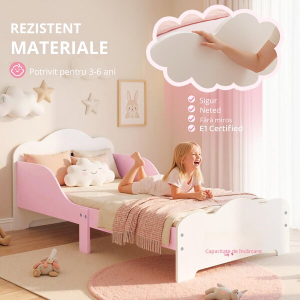 AIYAPLAY Pat Montessori pentru Copii 3-6 Ani din Lemn cu Laterale Ridicate și Imprimeuri Drăguțe pentru Cameră, MDF, Roz | Aosom Romania