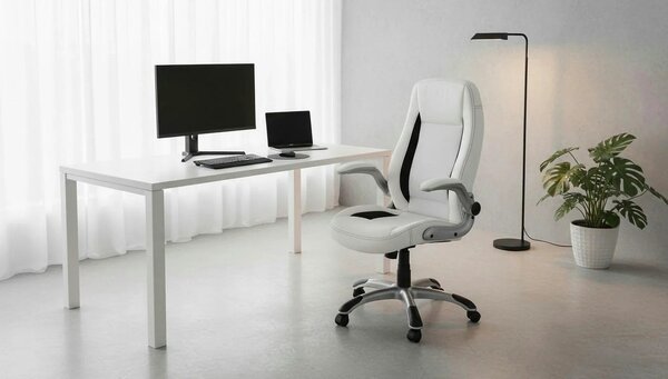 Scaun de birou SATURN, alb, piele ecologica perforata, 67x65x112/120 c
