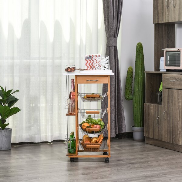 HOMCOM Cărucior de Bucătărie din Lemn Maro, Suport Alimente, 1 Sertar, 4 Coșuri Metalice, MDF, Lemn de Pin, Metal, 47x37x83cm | Aosom Romania