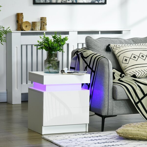 Noptiera alba HOMCOM cu lumina LED RGB, noptiera frontala lucioasa cu 2 sertare, pentru camera de zi, dormitor | Aosom RO