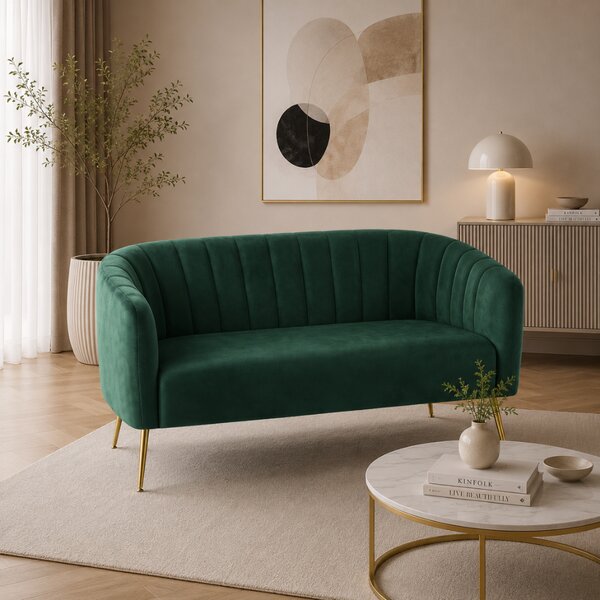 KONDELA Canapea de design cu 2 locuri, ţesătură Velvet verde închis/gold crom-auriu, BAGY