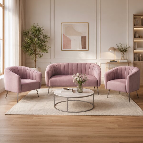 KONDELA Canapea de design cu 2 locuri, ţesătură Velvet roz/crom-argintiu, BAGY